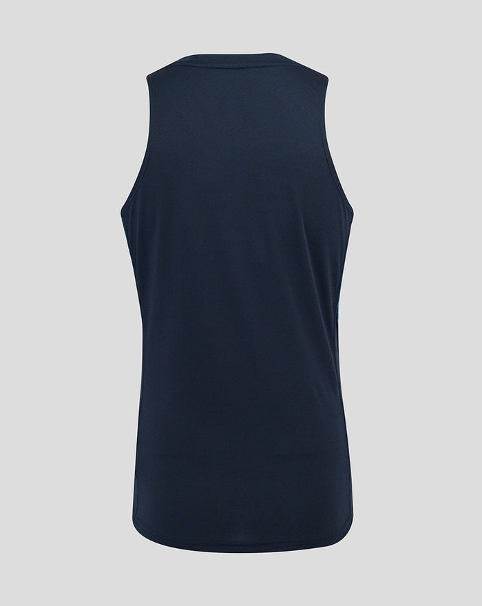 Back view of navy England Rugby sleeveless singlet with a clean rear panel and curved hem