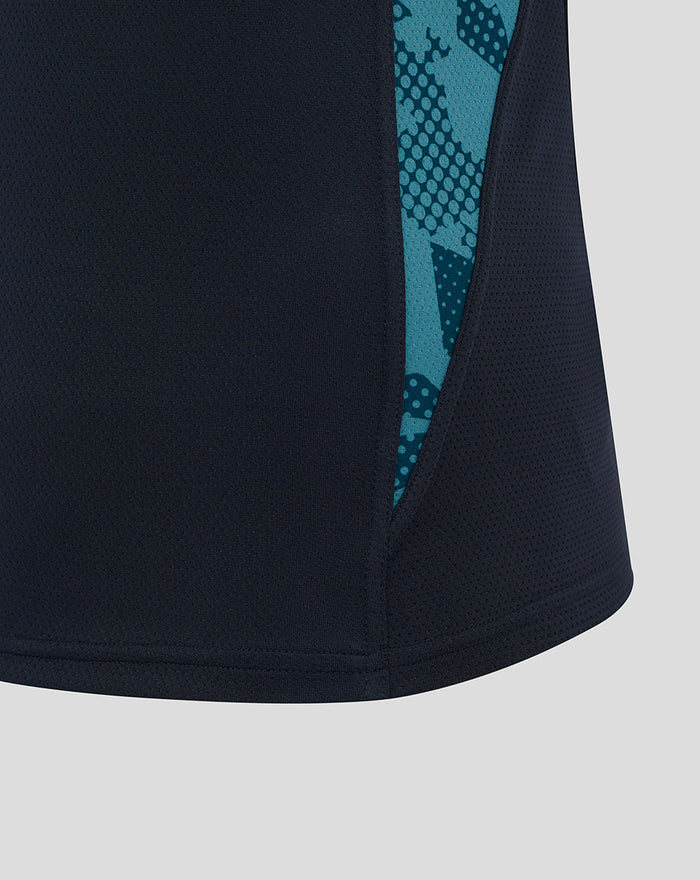 Navy sleeveless singlet showing teal patterned side panel along the hem for the England Rugby kit