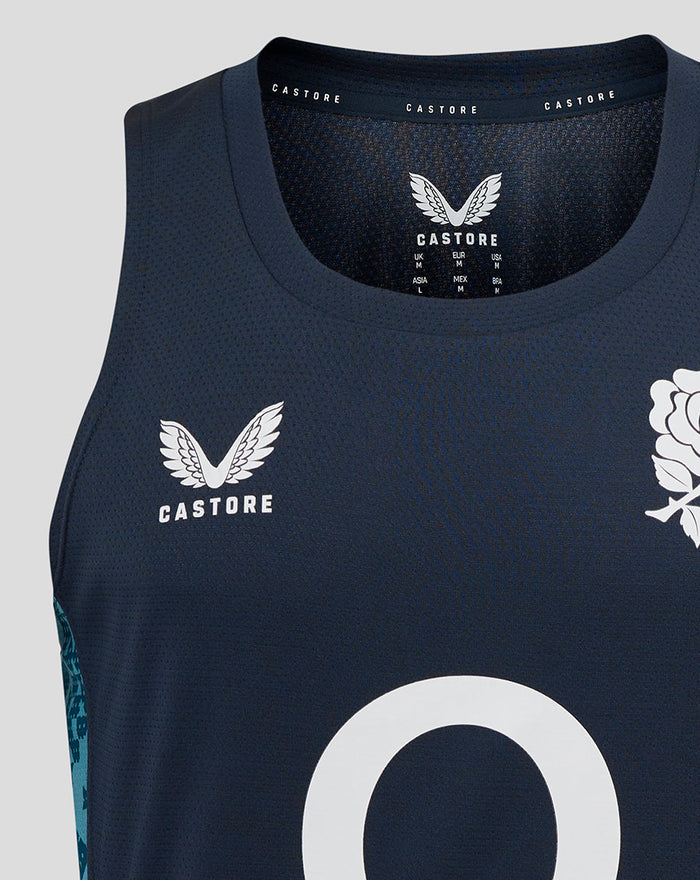 Navy sleeveless England Rugby singlet front with Castore logo and wing emblem on the chest and a large white O on the torso, abstract side panel print