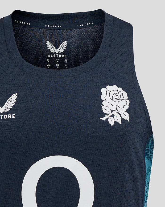 Navy England Rugby sleeveless singlet with rose crest on the left chest and O2 logo at center, Castore branding on the right chest