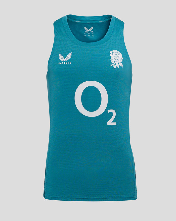 Front view of storm blue Men’s England Rugby sleeveless singlet with a bold O2 logo on the chest, plus Castore and rose crest accents.
