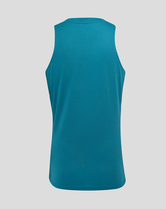Back view of storm blue England Rugby sleeveless singlet highlighting the dropped back hem and simple rear panel.