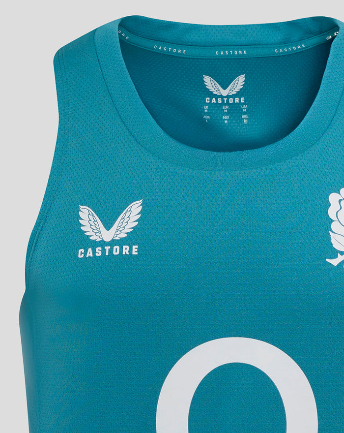 Storm blue England Rugby sleeveless singlet close-up with the rose crest on the left chest and Castore logo on the right, mesh fabric texture.
