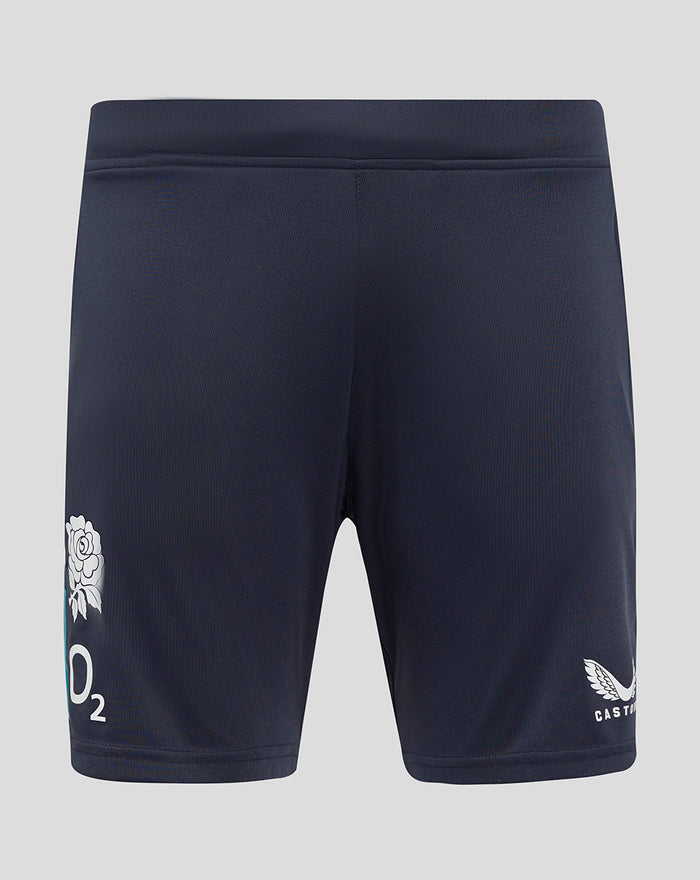 Navy England Rugby knit shorts with elastic waistband and pockets; left leg shows white rose and O2 logos, right leg bears Castore logo.