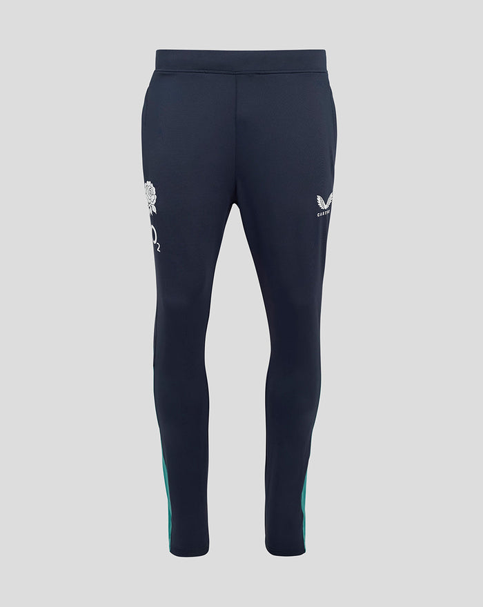 Front view of navy England Rugby knit pants with pockets and side panels with team logos on the thighs
