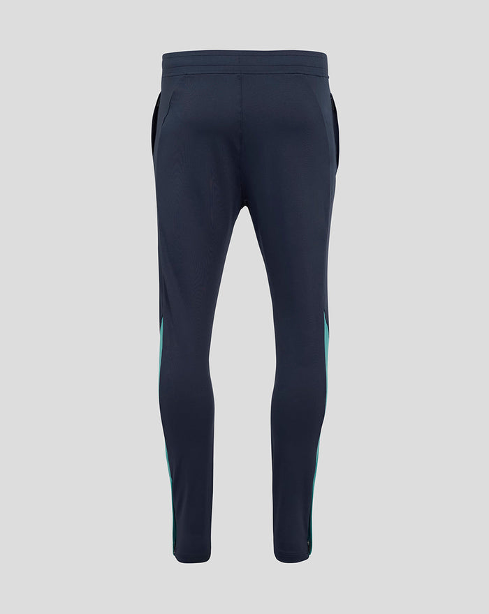 Back view of navy England Rugby knit pants with pockets and contrast side panels