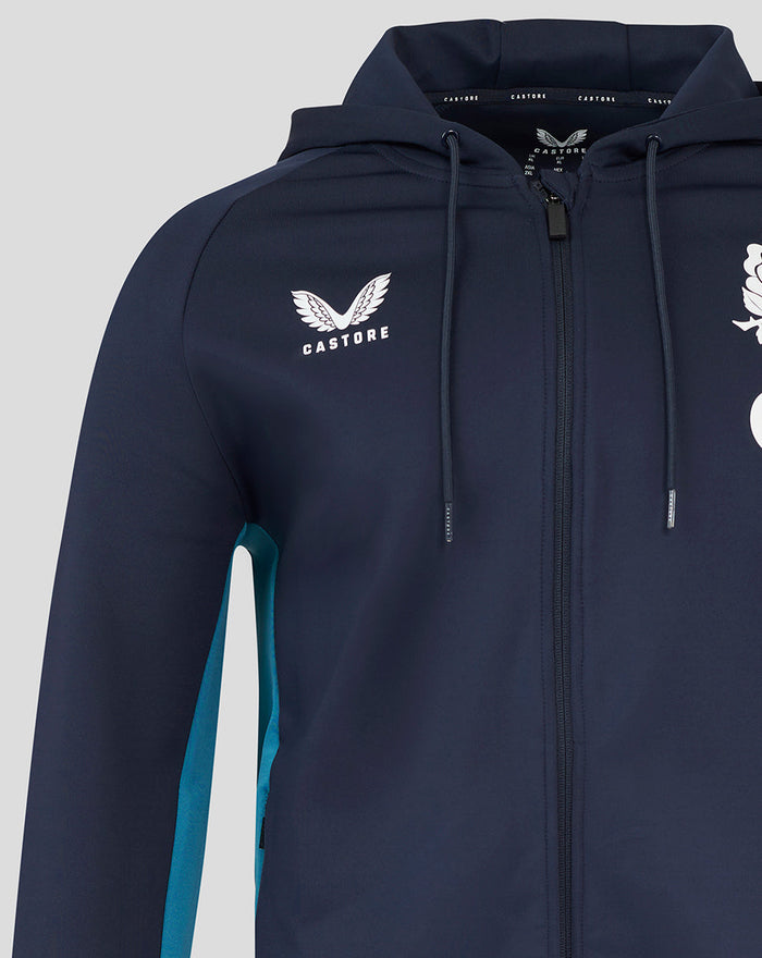 Front view of navy England rugby hoodie with full zip, Castore logo left chest and O2 rose crest right, teal side panels.