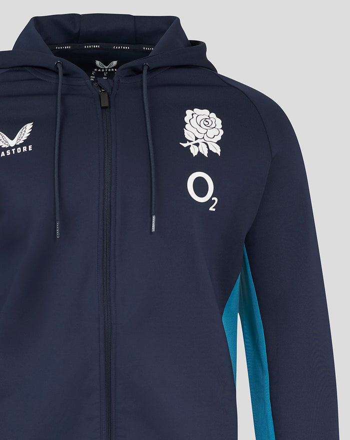 Close-up of navy England rugby hoodie chest showing Castore logo and O2 rose crest.