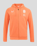 Men's England Rugby Performance Full Zip Hoodie in melon with three piece hood and chest logos including rose crest O2 and Castore.