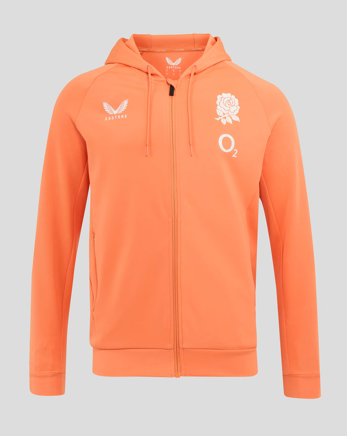 Men's England Rugby Performance Full Zip Hoodie in melon with three piece hood and chest logos including rose crest O2 and Castore.
