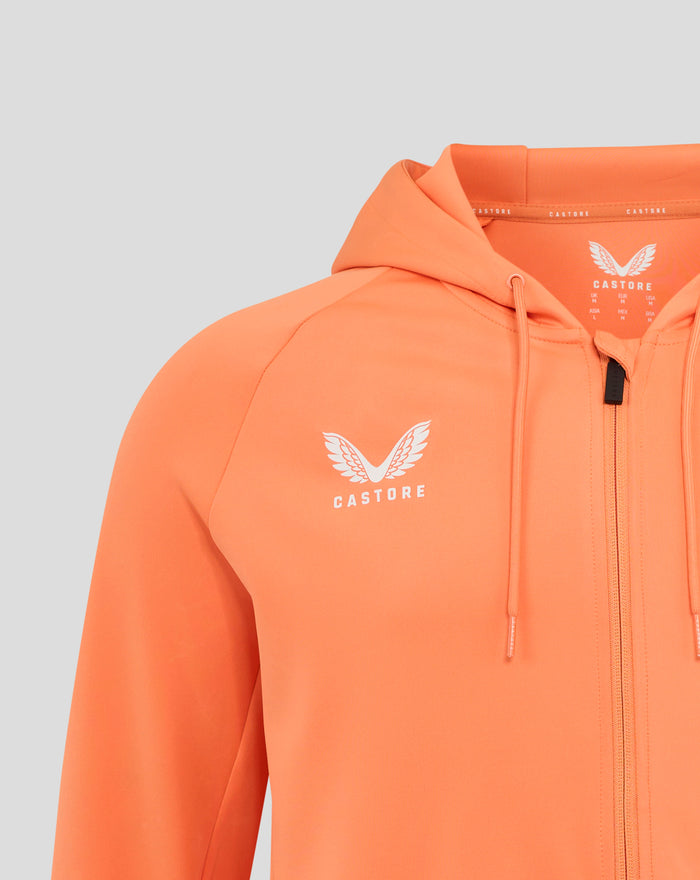 Close-up of bright orange England Rugby hoodie with front zipper and white winged crest logo on the chest