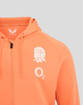 Melon orange England Rugby full-zip hoodie close-up of chest with white rose emblem and drawstring hood