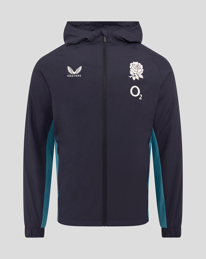 Front view navy Inkwell England Rugby shower jacket with hood full zip and chest rose crest O2 logo teal side panels.