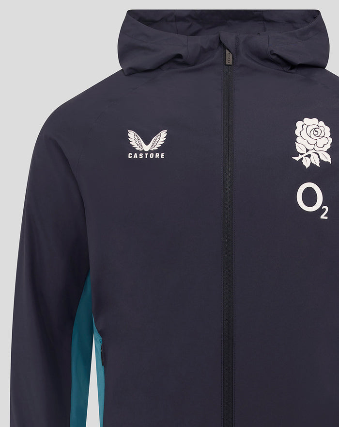 Front chest close up showing Castore logo left rose crest and O2 symbol.
