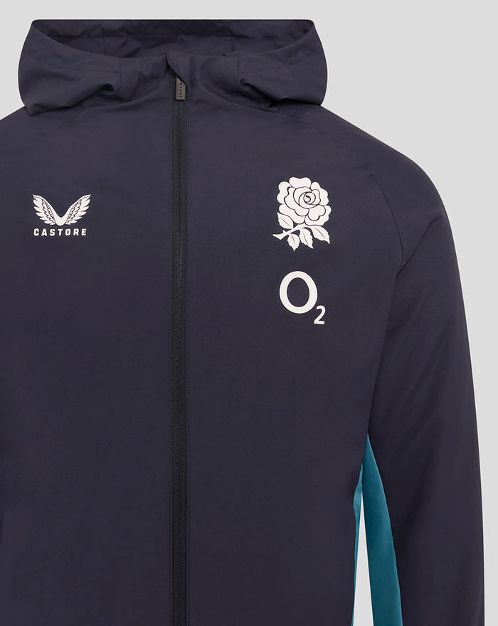 Navy England Rugby shower jacket front view with rose crest and O2 logos on the chest and Castore logo on the opposite side