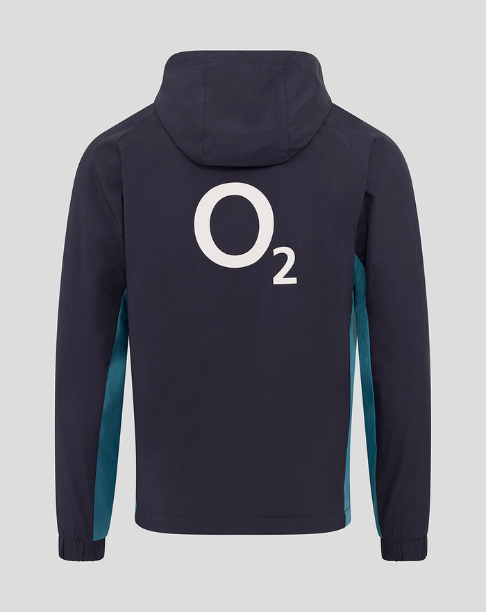 Back view of navy Inkwell England Rugby shower jacket with hood and large O2 emblem on back.