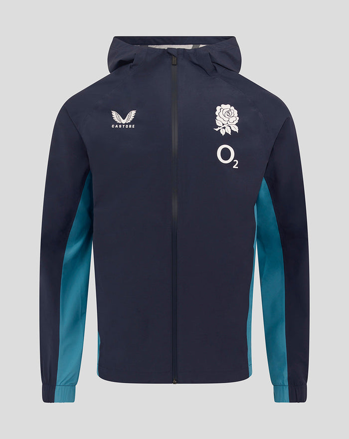 Front view of navy England Rugby rain jacket with teal side panels and hood, featuring rose crest and O2 logos