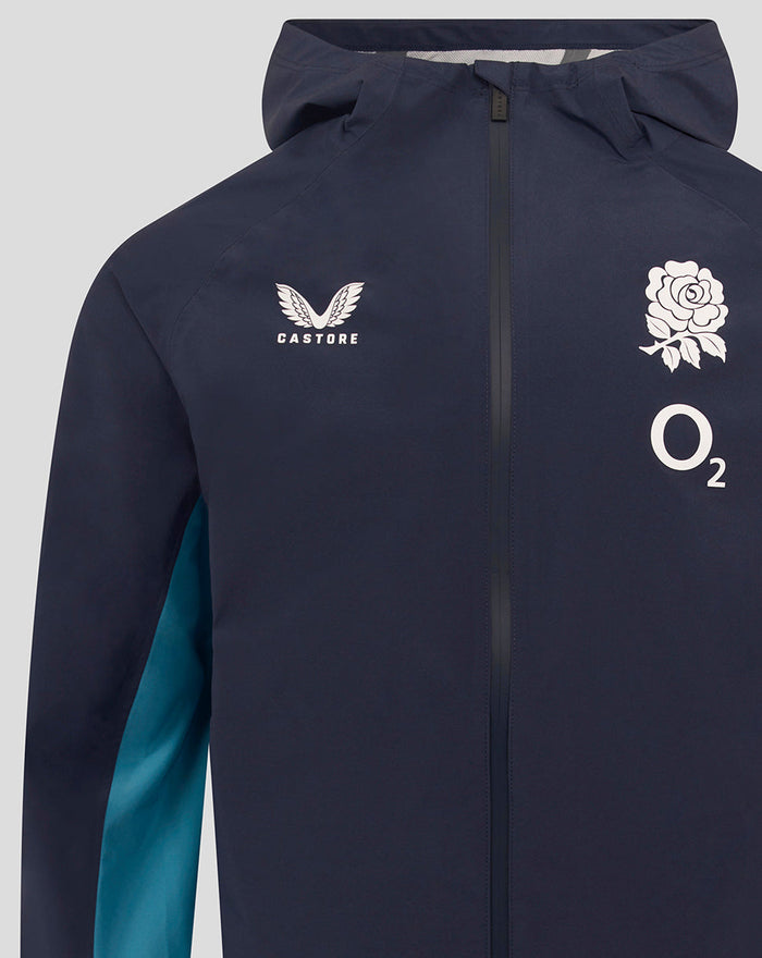 Navy England rugby performance rain jacket close up of chest area with Castore logo O2 branding and a rose crest