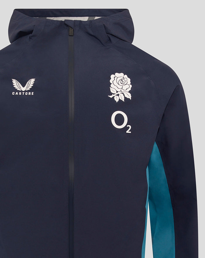 Front view of navy England rugby performance rain jacket featuring O2 branding rose crest and Castore logo