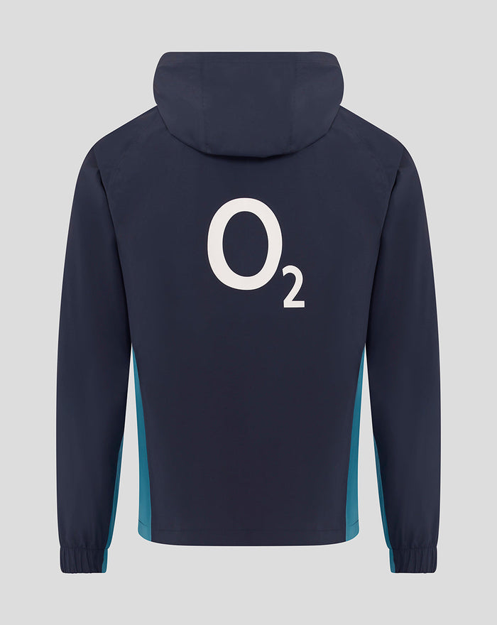 Back view of navy England Rugby rain jacket with large O2 logo on back and teal side panels