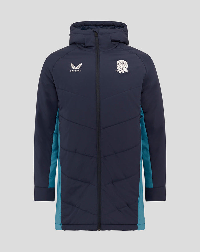 Navy England Rugby Performance Long Sleeve Padded Jacket with hood, rose crest and Castore branding on the chest.