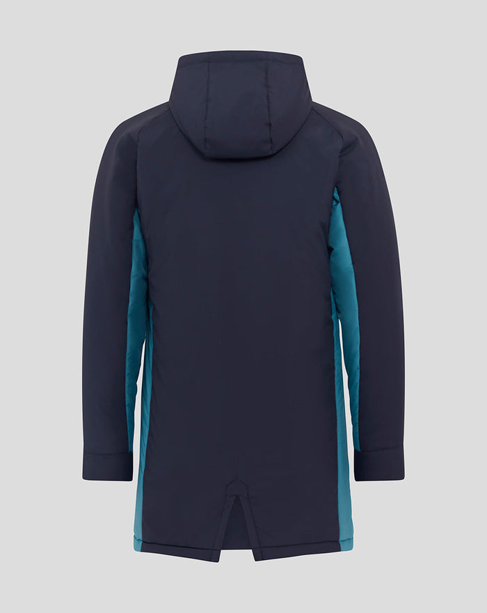 Back view of navy England Rugby padded jacket with teal side panels and hood
