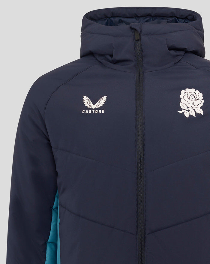 Front view of navy England Rugby padded jacket with Castore logo on left chest and white rose crest on right chest
