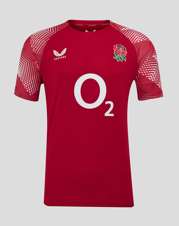 Bold red England rugby pre match short sleeve T shirt with geometric sleeve pattern rose crest on the chest and O2 logo center