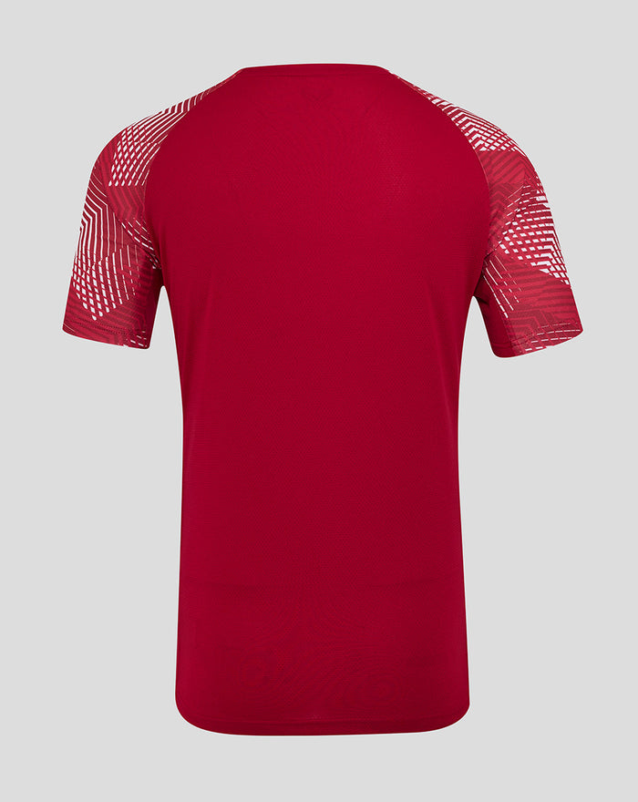 Back view of red Men's England Rugby pre match short sleeve T shirt with geometric abstract sleeve prints.