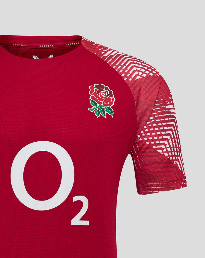Front view of red England Rugby pre match short sleeve T shirt with Rose crest on left chest O2 logo center and Castore on right chest.