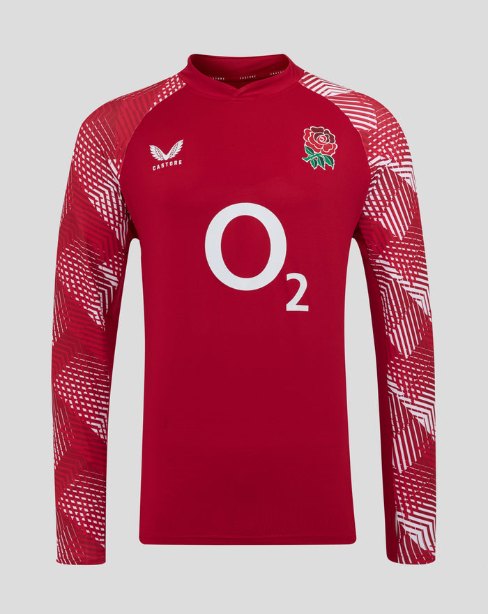 Red England drill top with white geometric sleeves, rose crest on the chest and a large O2 logo across the front.