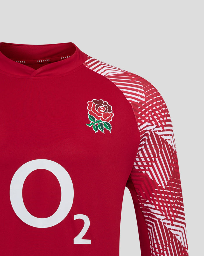 Back view of the red England drill top with bold geometric sleeve print and a crew neck collar.