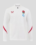 Front view of white England Rugby Long Sleeve Anthem Jacket with rose crest and O2 logo on the chest, Castore branding, funnel collar and full zip