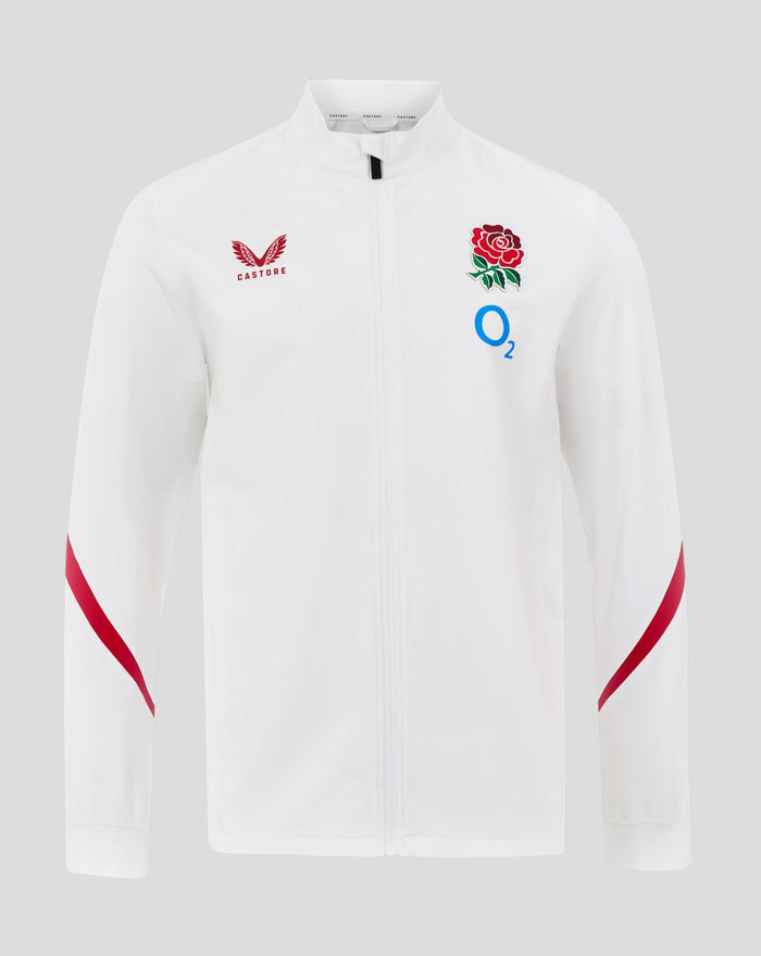 Front view of white England Rugby Long Sleeve Anthem Jacket with rose crest and O2 logo on the chest, Castore branding, funnel collar and full zip