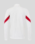 Back view of white England Rugby Anthem Jacket with funnel collar and full zip, red diagonal sleeve stripes