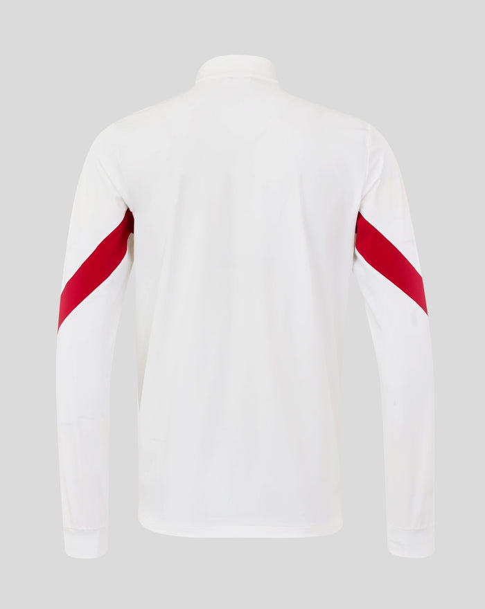 Back view of white England Rugby Anthem Jacket with funnel collar and full zip, red diagonal sleeve stripes
