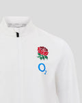 Chest close up of white England Rugby Anthem Jacket showing rose crest and O2 logo on the chest along with Castore branding and zip