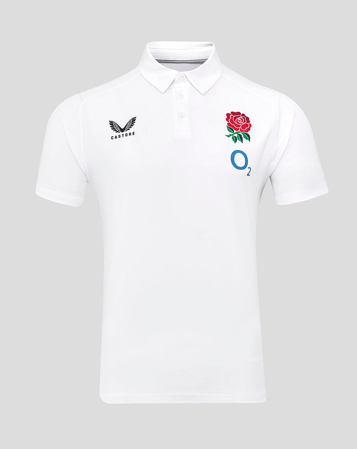 Front view of white England Rugby Travel Polo with club crest on chest and Castore branding.