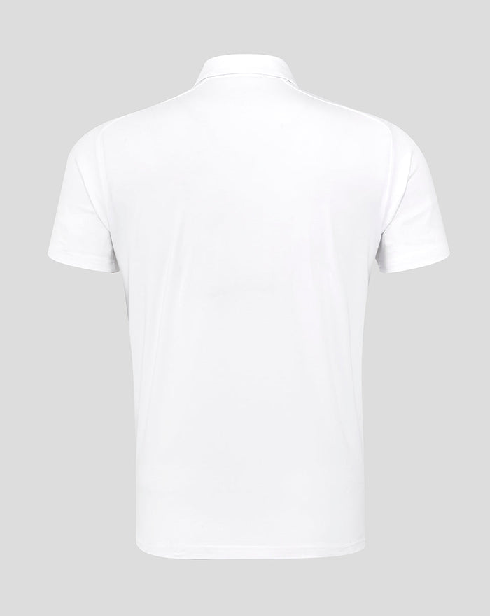 Back view of white England Rugby Travel Polo showing clean back and collar.