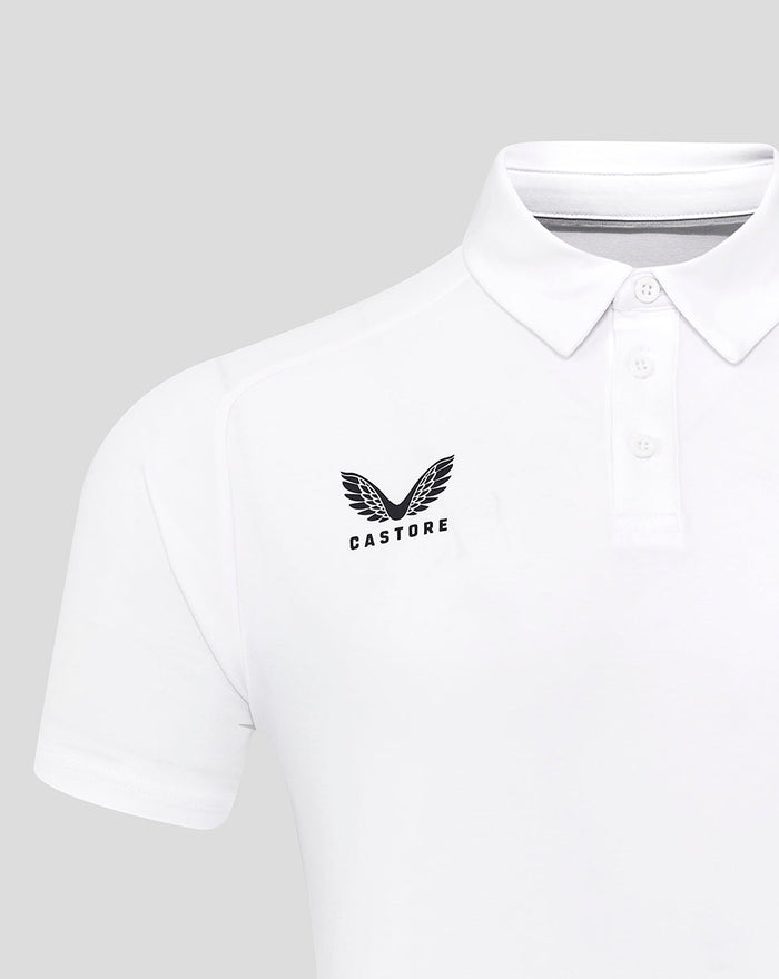 White England Rugby Travel Polo with club crest on the left chest and Castore branding on the right chest.