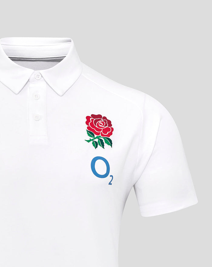 White England Rugby Travel Polo with red rose crest on the left and O2 logo on the chest.