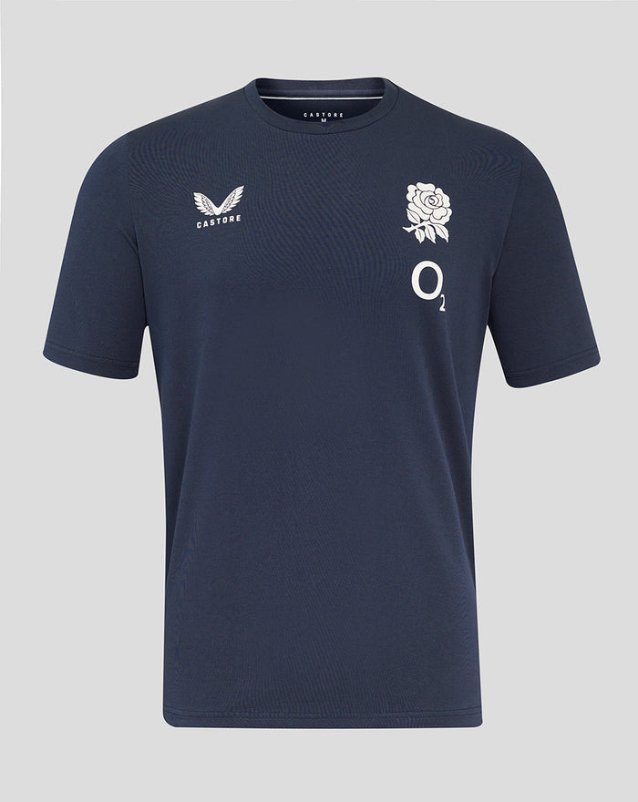 Navy England Rugby travel tee featuring white rose crest on the right chest and Castore logo on the left chest.