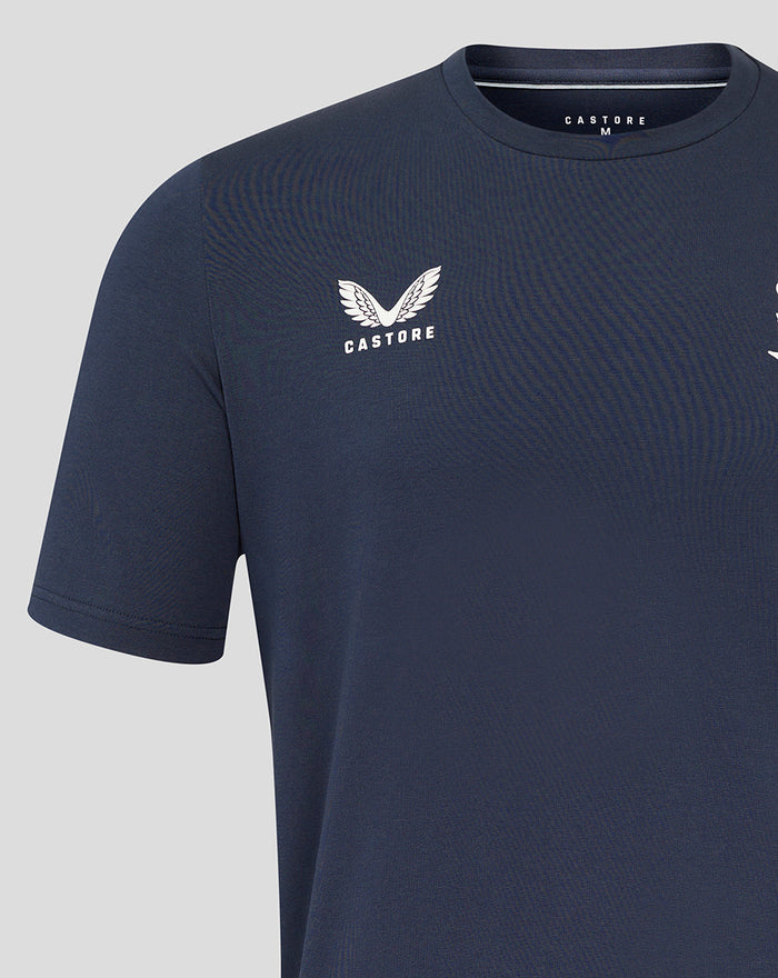 Navy England Rugby travel short sleeve tee with white rose crest on left chest and Castore logo on right chest