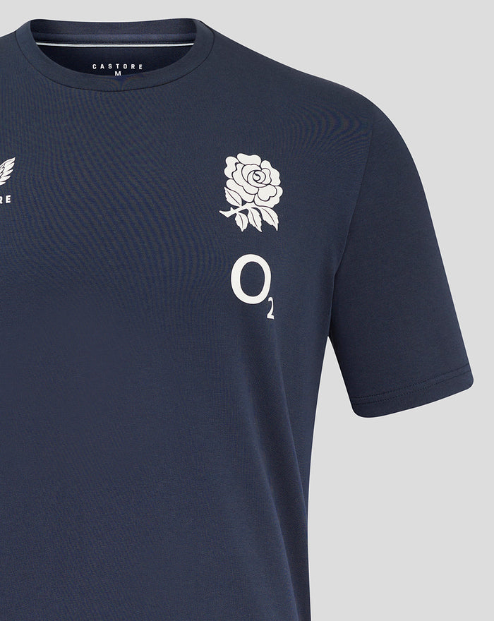 Navy England Rugby travel short sleeve tee close up of chest with rose crest on left and Castore logo on right