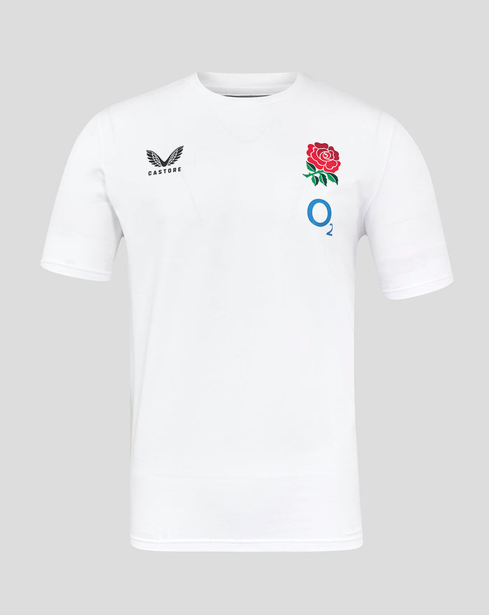 White England Rugby Travel Short Sleeve Tee front view with rose crest on left chest and Castore logo on right chest