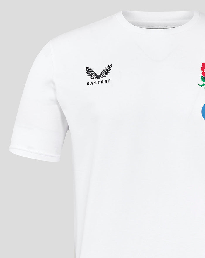 Close up of front of white England Rugby Travel Short Sleeve Tee showing Castore logo and rose crest