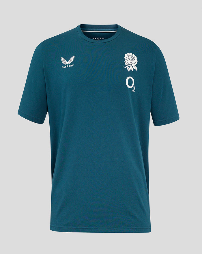 Teal England Rugby travel short sleeve tee with the white rose crest on the left chest and the Castore logo on the right chest.