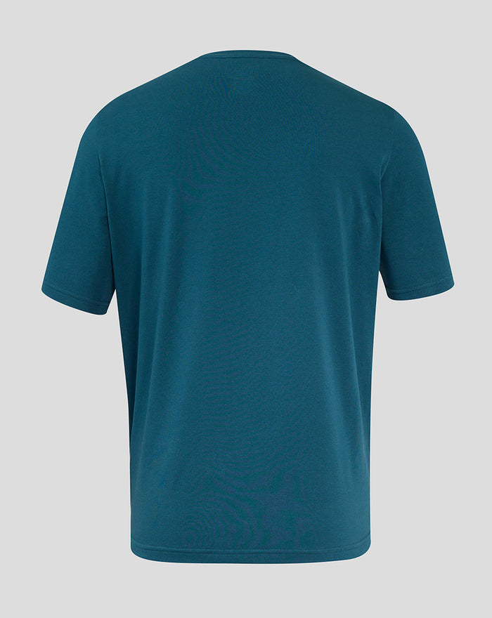Back view of teal England Rugby travel short sleeve tee.