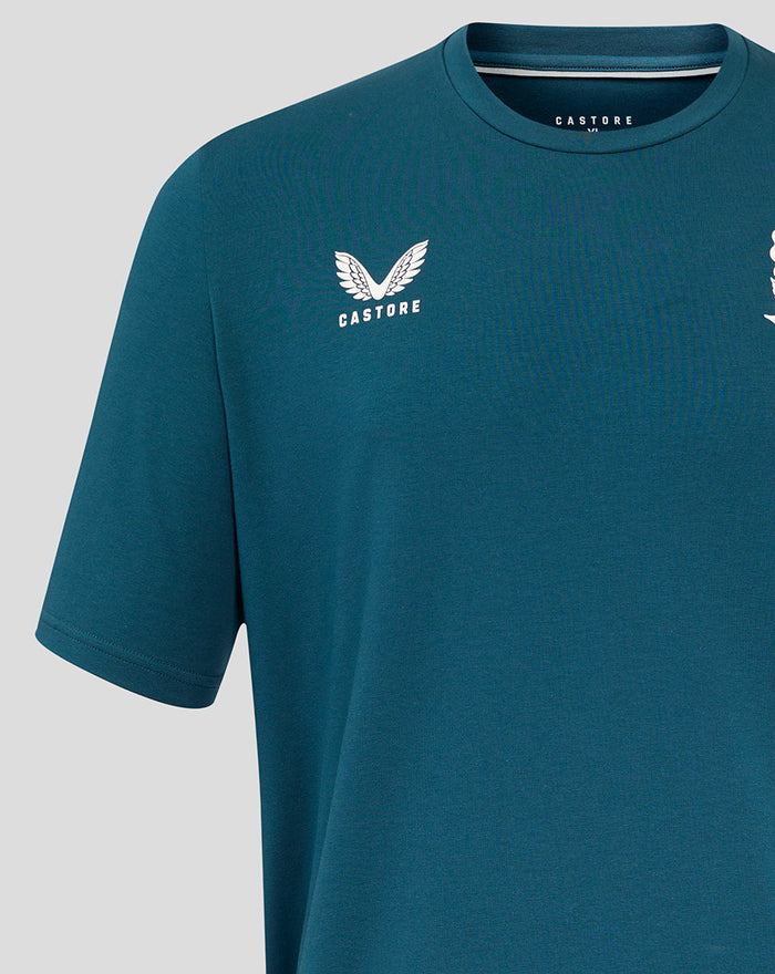 Reflecting Pond teal England Rugby travel short sleeve tee with rose crest on left chest and Castore logo on right chest