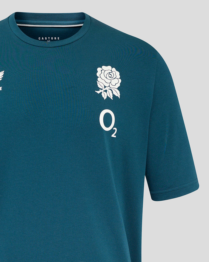 Reflecting Pond teal England Rugby travel short sleeve tee with white rose crest on left chest and Castore logo on right chest